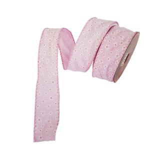 Fita Aramada Rosa Com Flores Brancas Comp 9.14m