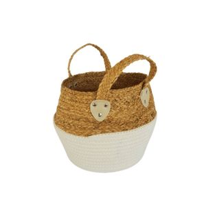 Cesto Multi Uso Em Palha E Algodão Com Alças Alt 23cm X 30cm Diâmetro