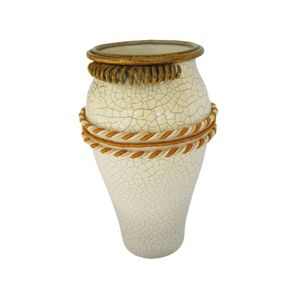 Vaso De Metal Esmaltado Craquelado Com Detalhes Em Corda 32cm
