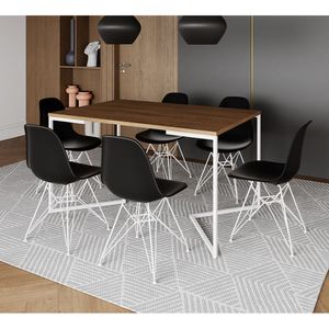 Mesa Industrial Jantar Retangular 137X90Cm Amêndoa Base V Com 6 Cadeiras Pretas Ferro B Amendoa