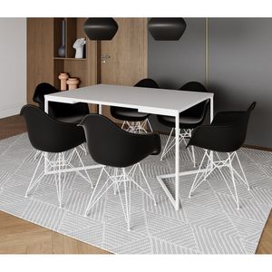 Mesa Industrial Jantar Branca 137X90Cm Base V Com 6 Poltronas Pretas Ferro Branco Branco