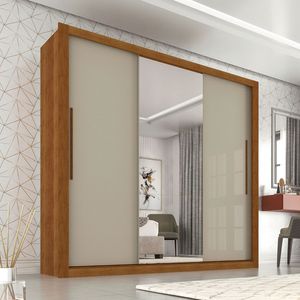 Guarda Roupa Casal Com Espelho 3 Portas 4 Gavetas Panamá Sallêto Móveis Cinamomo Com Off White