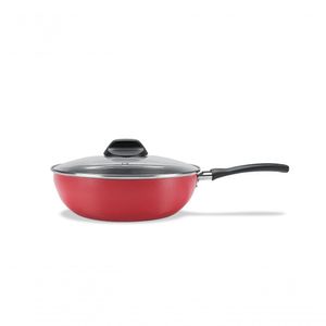 Wok Brinox Antiaderente Pro-flon Com Tampa De Vidro Temperado - 24 Cm 2,3 L Linha Garlic Vermelho