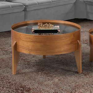 Mesa De Centro Laminada Com Vidro Off White - Eloá Diâmetro 60cm