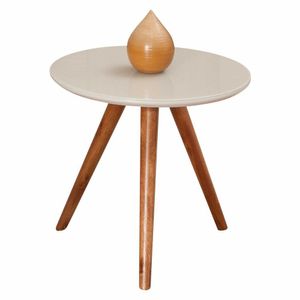 Mesa Lateral Redonda Com Vidro 40x40 Cor Off White Medida 50 Cm Altura
