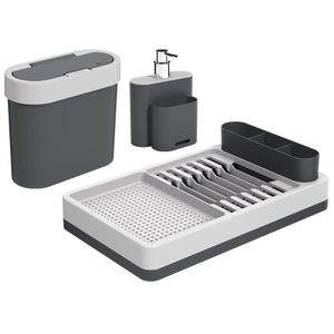 Kit Pia 3 Peças Com Dispenser Escorredor Lixeira Polipropileno Linha Flat Coza Cinza Frio + Cinza Gr