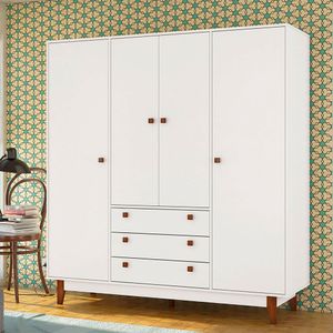 Guarda Roupa Casal 4 Portas 3 Gavetas Vintage Olivar - Cor: Branco