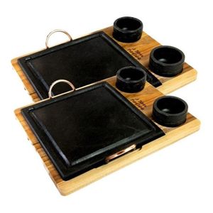 Kit 2 Grelha De Pedra Sabão Quadrada 20x20 Cm + 4 Cumbucas Com Suporte De Madeira