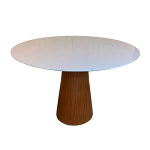 Mesa Cone 90cm Base Madeira Natural Mogno e Tampo Branco