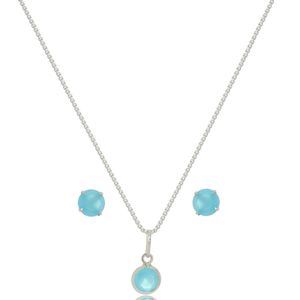 Conjunto Pedra Redonda Azul Fosco 6mm Em Prata 925