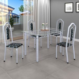 Conjunto De Mesa 120X75Cm Tampo Vidro Com 4 Cadeiras Bianca Soma Móveis Preto Floral/Mart Pérola/Vidro Incolor
