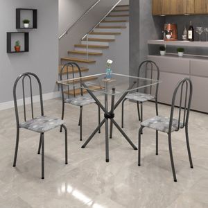 Conjunto De Mesa Tubular 70X70Cm Tampo De Vidro Com 4 Cadeiras Ane B Soma Móveis Paraopeba/Martelado Prata/Vidro