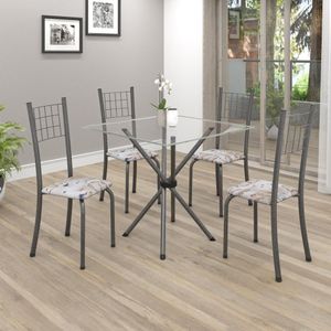 Conjunto De Mesa Tubular 70X70Cm Tampo Em Vidro Com 4 Cadeiras Dany Soma Móveis Botanic Bege/Martelado Prata/Incolor