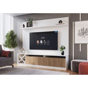 Rack Com Impressão Ripado Painel Para Tv Até 50 Polegadas 2 Portas Adega Roma Quiditá Branco/Brise