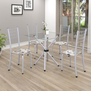 Conjunto De Mesa Tubular 70X70Cm Tampo Em Vidro Com 4 Cadeiras Dany Soma Móveis Arabesco/Martelado Perola/Incolor