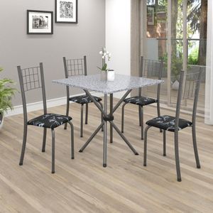 Conjunto De Mesa Tubular 70X70Cm Tampo Em Granito Com 4 Cadeiras Dany Soma Móveis Preto Floral/Martelado Prata/Ocre