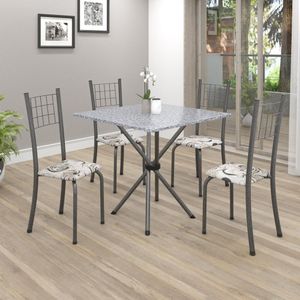 Conjunto De Mesa Tubular 70X70Cm Tampo Em Granito Com 4 Cadeiras Dany Soma Móveis Arabesco/Martelado Prata/Ocre