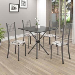 Conjunto De Mesa Tubular 70X70Cm Tampo Em Ardósia Com 4 Cadeiras Dany Soma Móveis Arabesco/Martelado Prata/Indiano