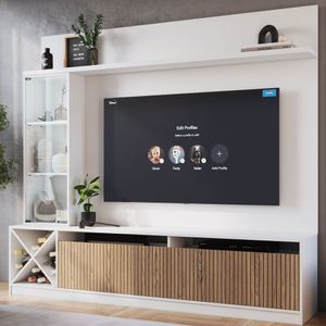 Rack Com Impressão Ripado Painel Para Tv Até 50 Polegadas Adega E Cristaleira Turim Quiditá Branco/Brise