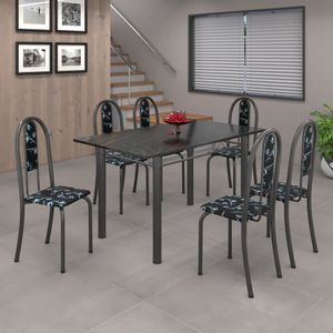 Conjunto De Mesa 140X75Cm Tampo De Ardósia Com 6 Cadeiras Iris A Soma Móveis Preto Floral/Martelado Prata/Ardosia