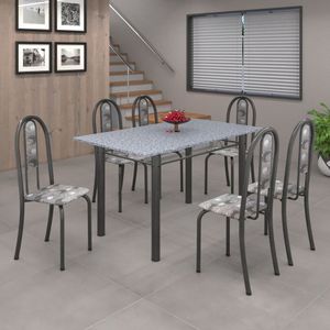Conjunto De Mesa 140X75Cm Tampo De Granito Com 6 Cadeiras Iris A Soma Móveis Paraopeba/Martelado Prata/Granito