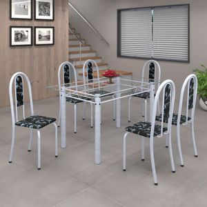 Conjunto De Mesa 140X75Cm Tampo De Vidro Com 6 Cadeiras Iris A Soma Móveis Preto Floral/Martelado Pérola