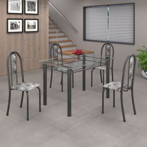 Conjunto De Mesa 120X75Cm Tampo De Vidro Com 4 Cadeiras Iris A Soma Móveis Paraopeba/Martelado Prata
