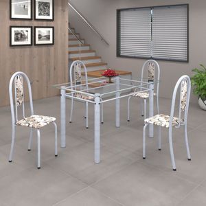 Conjunto De Mesa 120X75Cm Tampo De Vidro Com 4 Cadeiras Iris A Soma Móveis Arabesco/Martelado Pérola