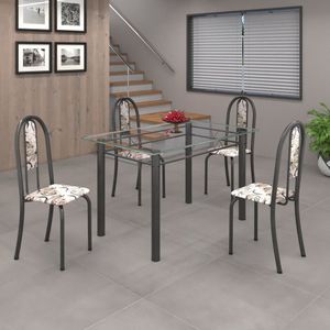 Conjunto De Mesa 120X75Cm Tampo De Vidro Com 4 Cadeiras Iris A Soma Móveis Arabesco/Martelado Prata