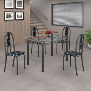 Conjunto De Mesa 120X75Cm Tampo De Vidro Com 4 Cadeiras Iris A Soma Móveis Preto Floral/Martelado Prata