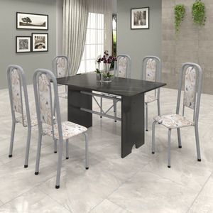 Conjunto De Mesa 140X75Cm Tampo Ardósia Com 6 Cadeiras Lavínea Soma Móveis Martelado Pérola/Botanic Bege