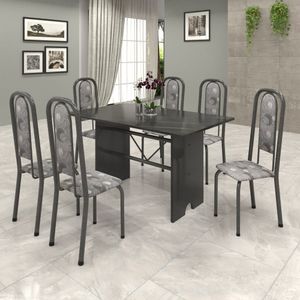 Conjunto De Mesa 140X75Cm Tampo Ardósia Com 6 Cadeiras Lavínea Soma Móveis Martelado Prata/Paraopeba