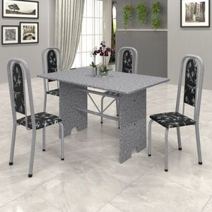 Conjunto De Mesa 120X75Cm Tampo Granito Com 4 Cadeiras Lavínea Soma Móveis Martelado Pérola/Ocre/Preto Floral