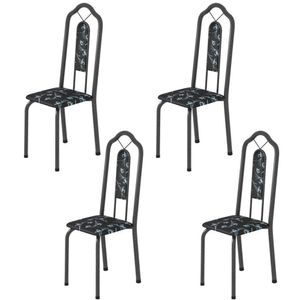 Kit 4 Cadeiras Tubular Bianca Soma Móveis Martelado Prata/Preto Floral