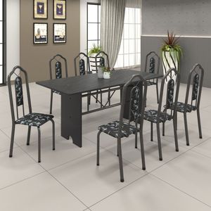 Conjunto De Mesa 180X75Cm Tampo Ardósia Com 8 Cadeiras Bianca Soma Móveis Martelado Prata/Ardósia Indiano/Preto