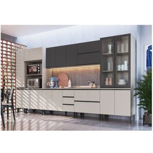 Cozinha Modulada 10 Peças Tampo Aéreo 3 Portas Basculantes Balcão 2 Portas Paneleiro Plátano Quiditá Fumê/grafite