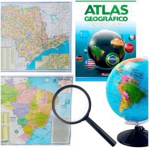 Kit Globo Terrestre 30cm + Lupa + Mapa do Brasil + Mapa De São Paulo + Livro Atlas Escola