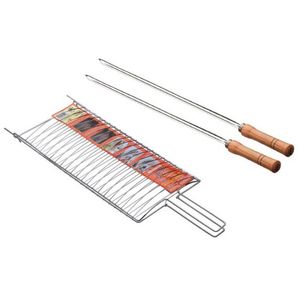 Conjunto De Grelha Para Peixe E Espetos Simples Utimil Em Aço Cromado, Aço Inox E Madeira 3 Peças Inox, Cromado E Natural