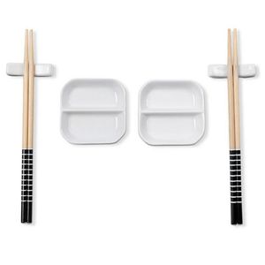 Conjunto De Hashi E Molheiras Haus Concept Nankin Em Madeira E Cerâmica 6 Peças Preto, Branco E Marrom