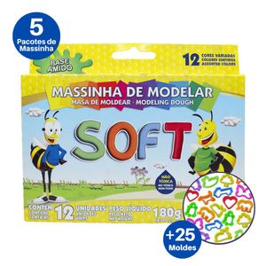 Kit 5 Massinhas De Modelar 12 Cores + 25 Forminhas De Corte