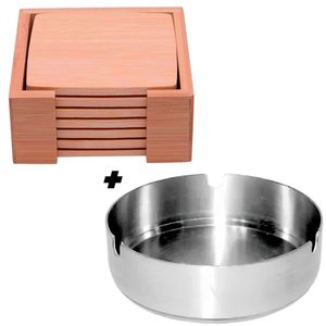Kit Com Porta Copos E Suporte Bambu + Cinzeiro Em Inox