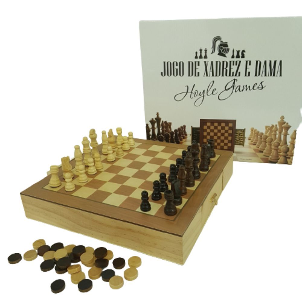 Jogo de xadrez e dama tabuleiro em madeira com gaveta 39 x 39 x 5