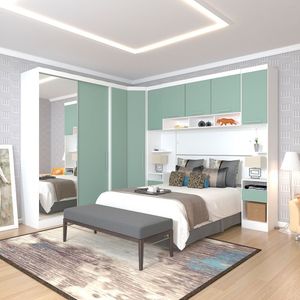 Quarto De Canto Casal Com Guarda Roupas Com Espelho E Mesas De Cabeceira Alpes Luciane Móveis Branco Pf Com Verde Pf