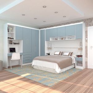 Quarto De Canto Casal Com Guarda Roupas Cabeceira E Bancada Home Office Alpes Luciane Móveis Branco Pf Com Grey Sky Pf
