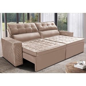 Sofá Retrátil E Reclinável 2,30m Cama Inbox Charm Velusoft Bege