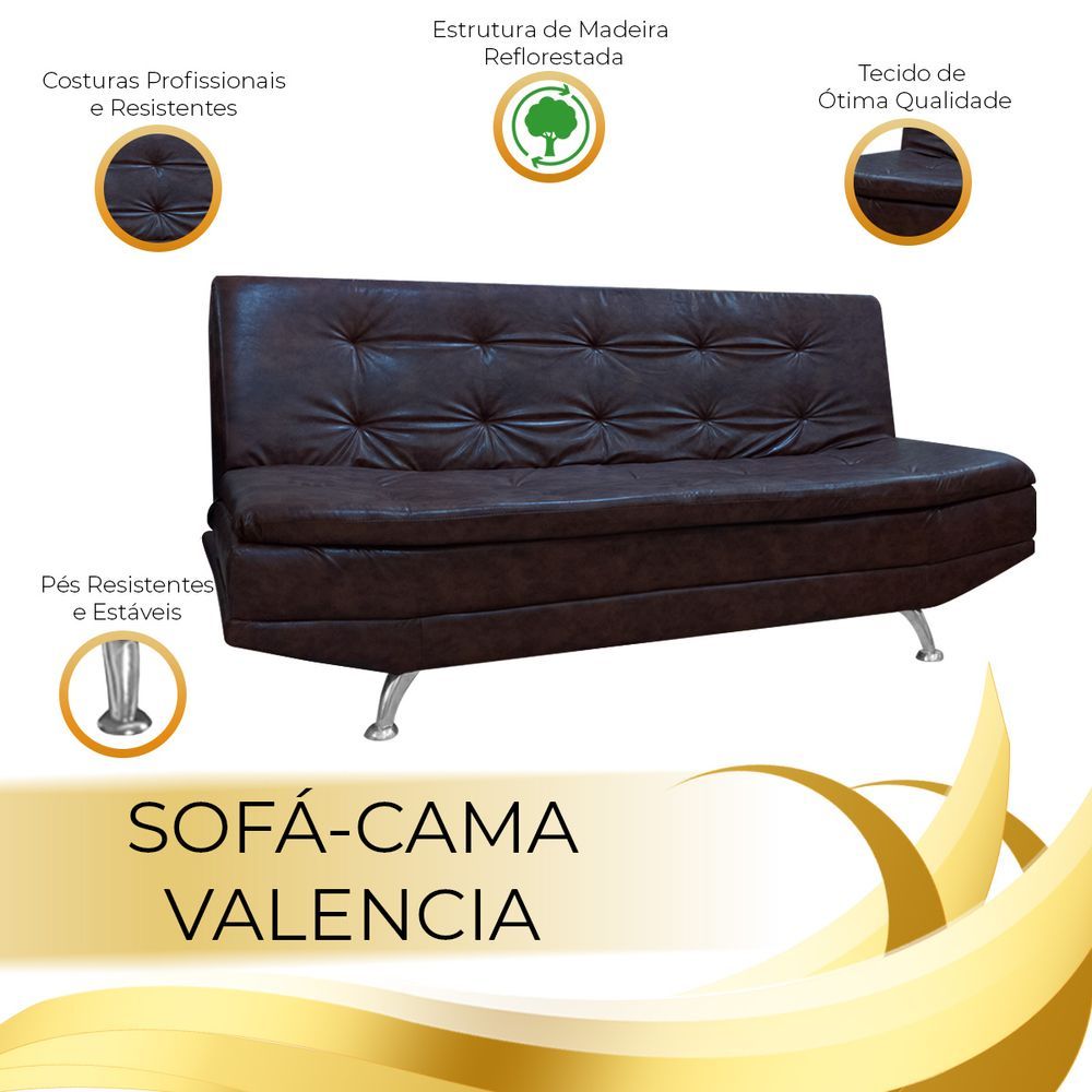 Sofá Cama Valencia 3 Lugares Reclinável Material Sintético Marrom