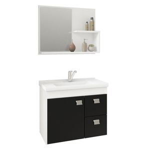 Conjunto Armário Para Banheiro 100% Mdf Isa Com Espelheira E Pia Mgm Móveis Branco/Preto/Preto