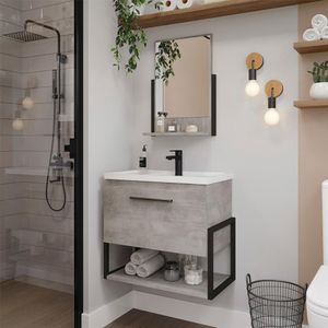 Conjunto Armário Para Banheiro 60Cm Metalon Ipanema Com Espelheira E Pia Mgm Móveis Cimento Cimento