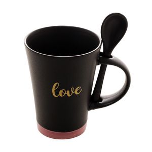 Caneca De Cerâmica Love Preta 310ml Com Colher
