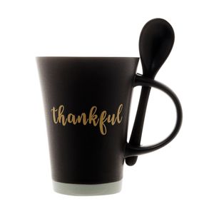 Caneca De Cerâmica Thankful Preta 310ml Com Colher